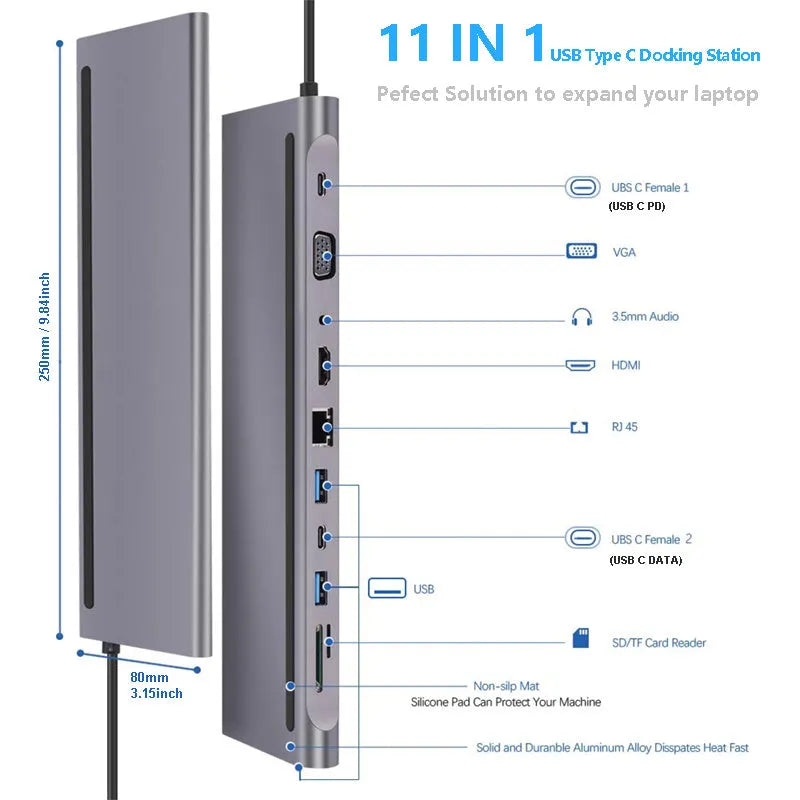 11-in-1 multifunctional laptop docking station hub expansion dock with eleven interfaces and Photo Color option