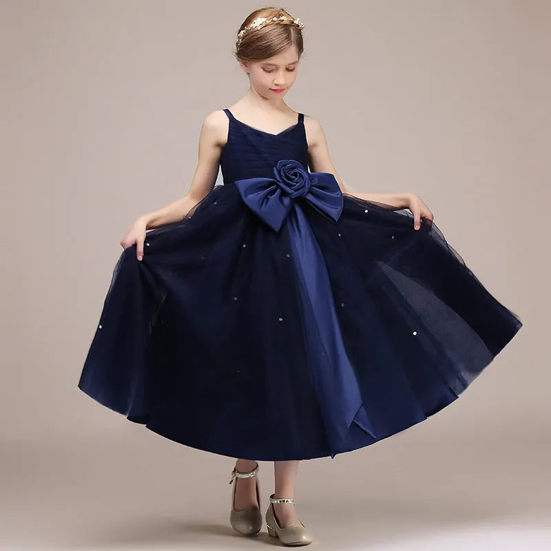 Blue chiffon girls princess dress with flowing skirt suitable for 100-160cm height