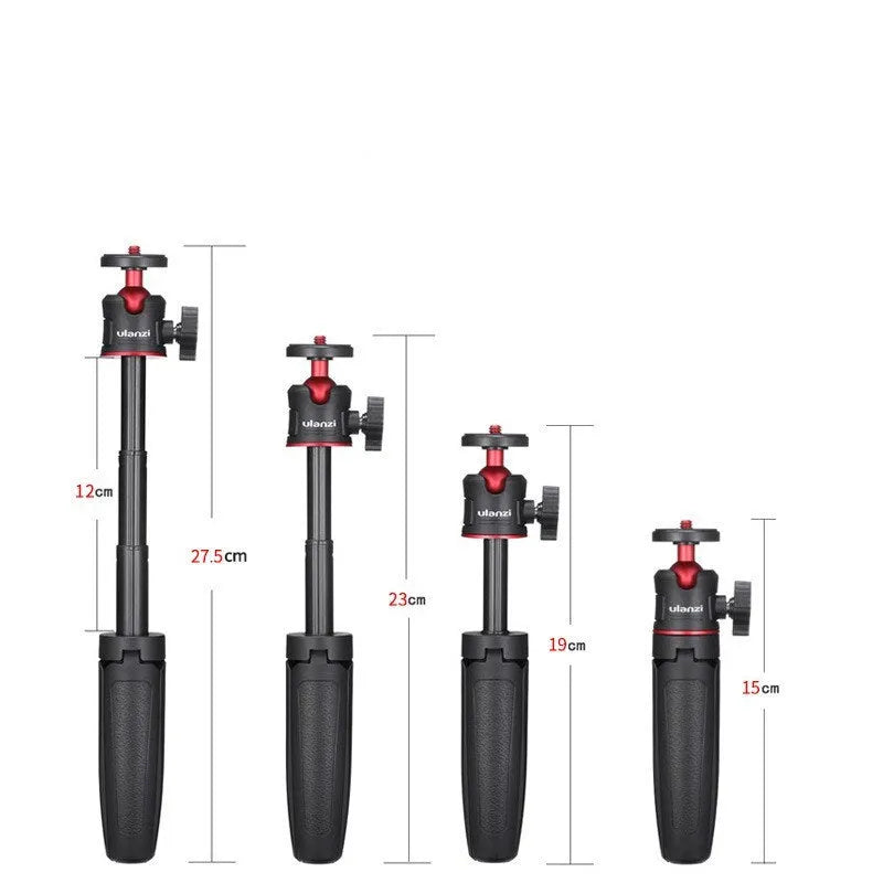 Black red and white mini aluminium tripod with extension stick for mobile phones and sports cameras.