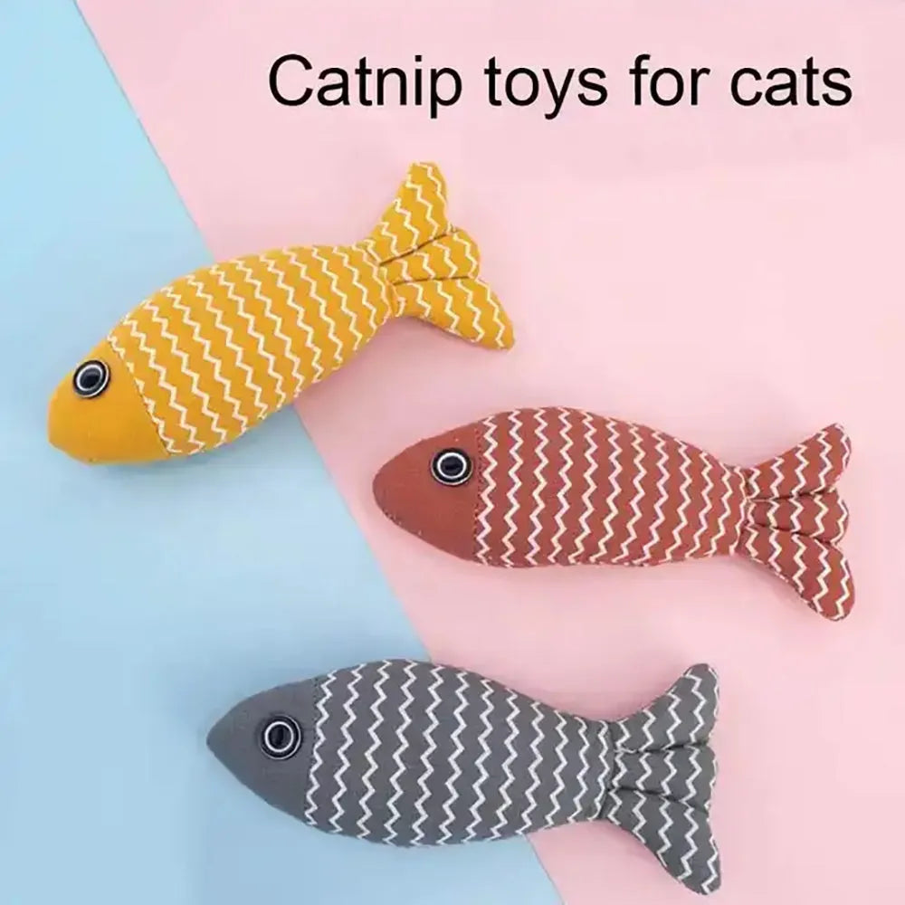 Burlap fish catnip cat toy in bright colour with crinkle sound, 8.27 inches long, on floor