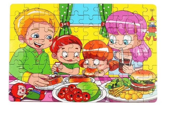 80-piece wooden jigsaw puzzle for kids age 3+, animal and transport styles in an iron box with non-toxic paint finish