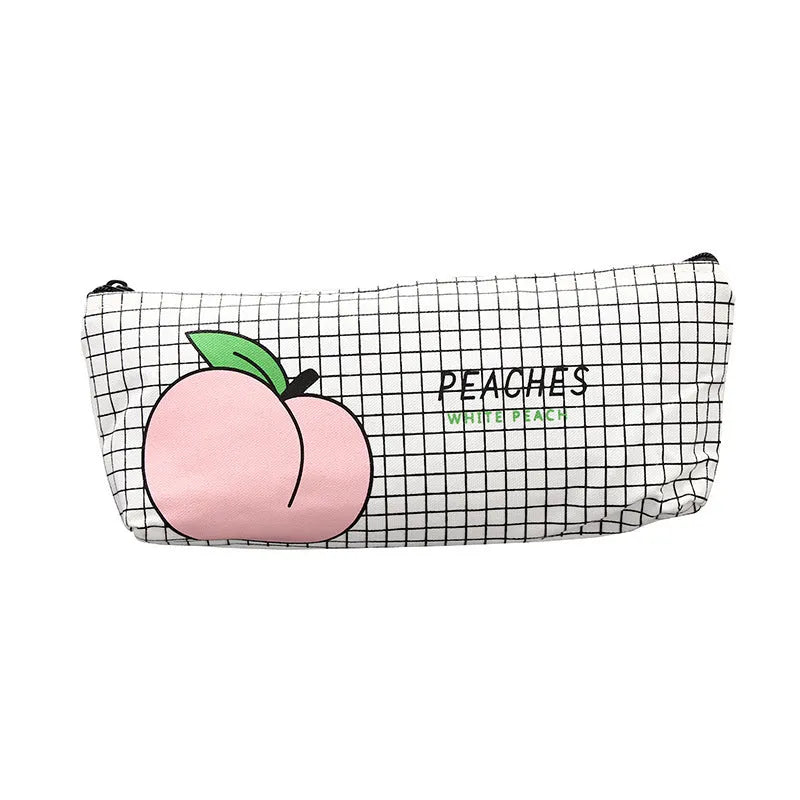 Rectangular canvas pen pouch 20x8.5cm with zip closure in Grid, White Peaches, black, or white