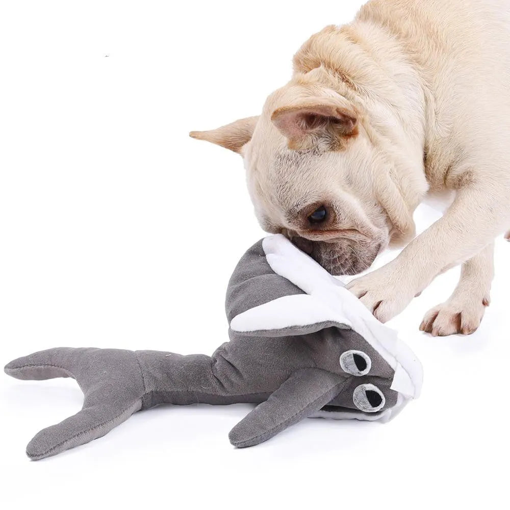 Grey plush shark pet throwing toy in plush cloth with cotton filling, 105g, M or S size