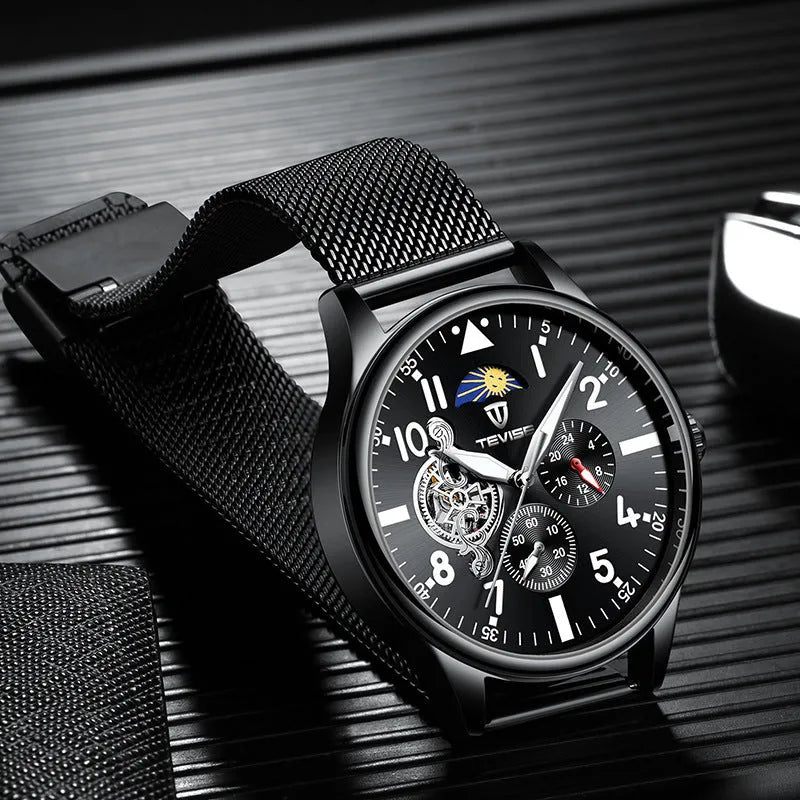 Men's black mechanical watch with moon phase indicator on a 41mm alloy case.