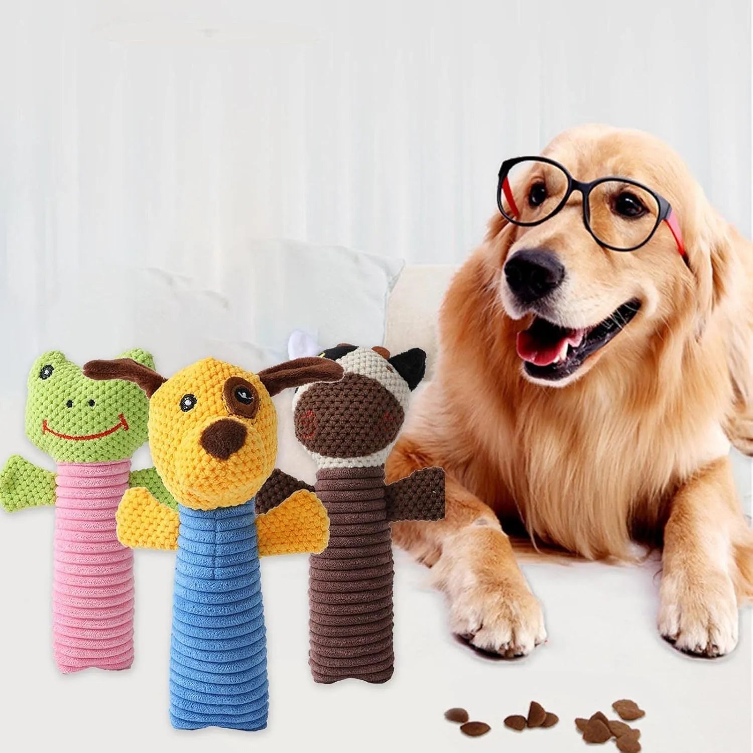 Soft cloth dog squeaky chew toy measuring 19cm by 5cm in stuffed animal shape