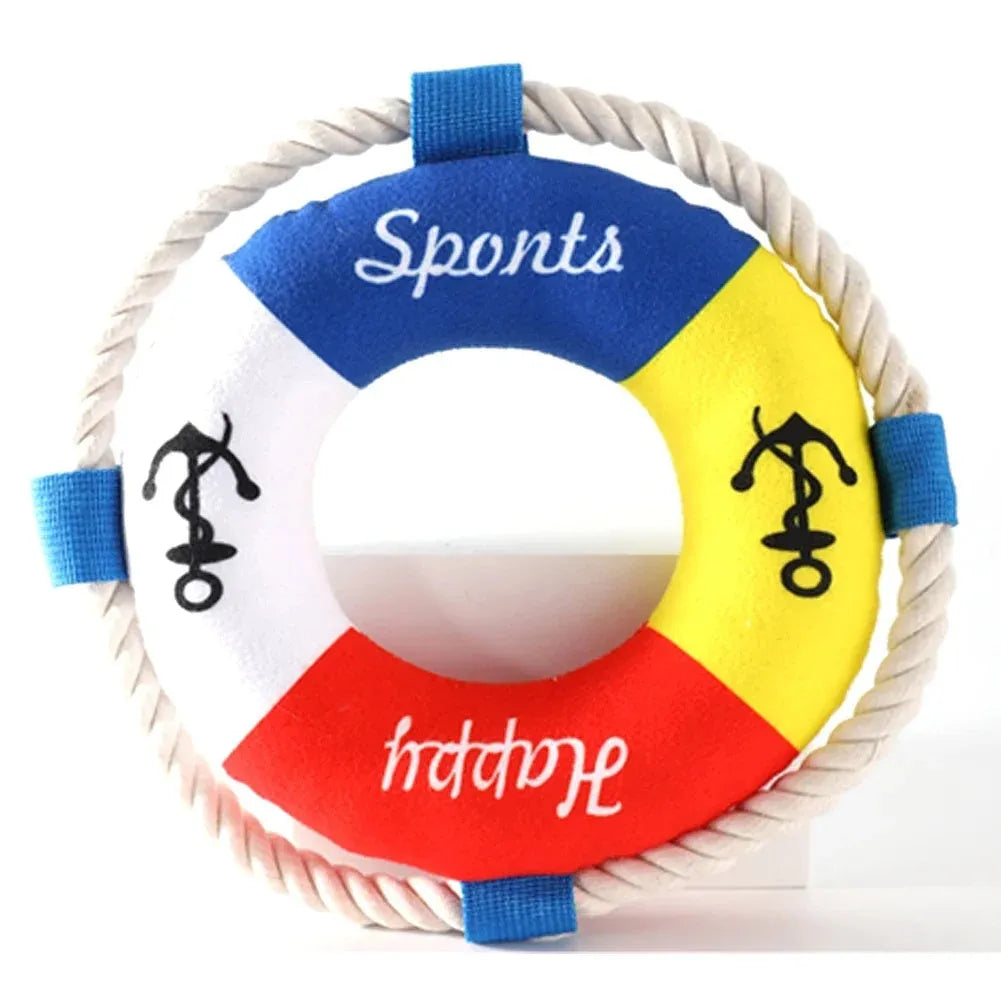 25cm diameter plush dog pull ring toy with squeaker in blue, yellow or pirate design