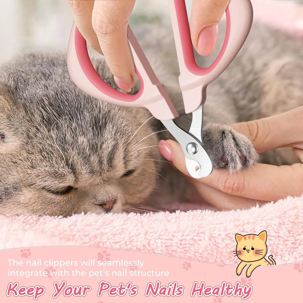 Pink and blue cat nail clippers with a safety guide hole and stainless steel blade on a white background.
