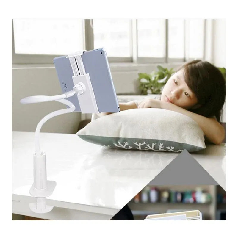 Black and white flexible mount holder with adjustable clamp and suction cup base holding a tablet