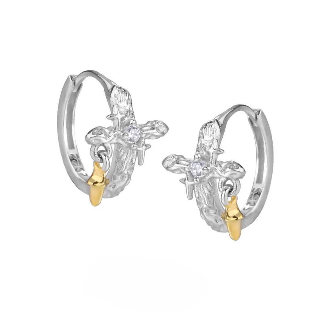 925 silver geometric cross earrings with round design elements and white gold colour finish