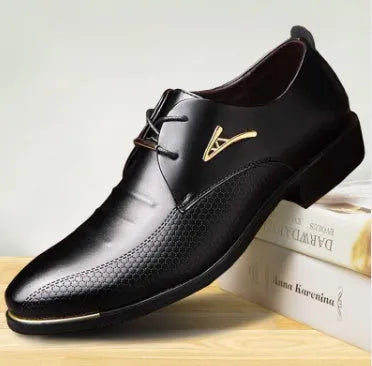 Men's black patent leather pointed toe dress shoes with elastic band closure and PU upper