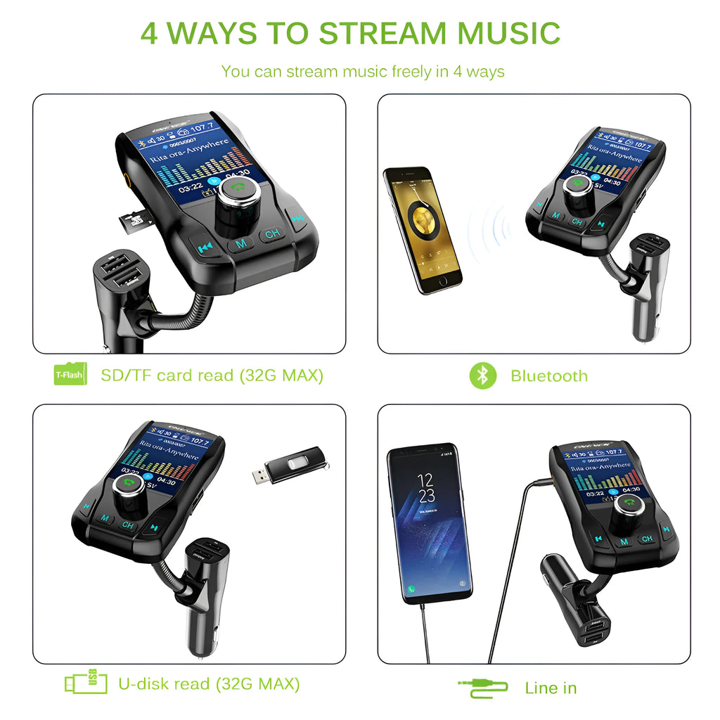 Black car FM transmitter with Bluetooth and a colour screen, showing dual USB ports and a flexible hose.