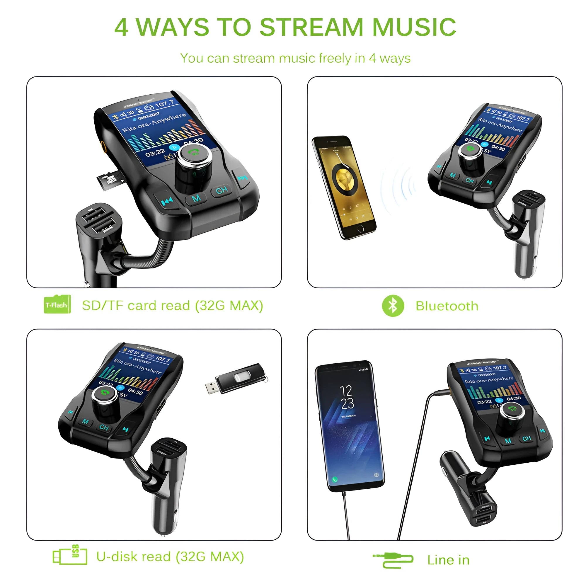 Black car FM transmitter with Bluetooth and a colour screen, showing dual USB ports and a flexible hose.
