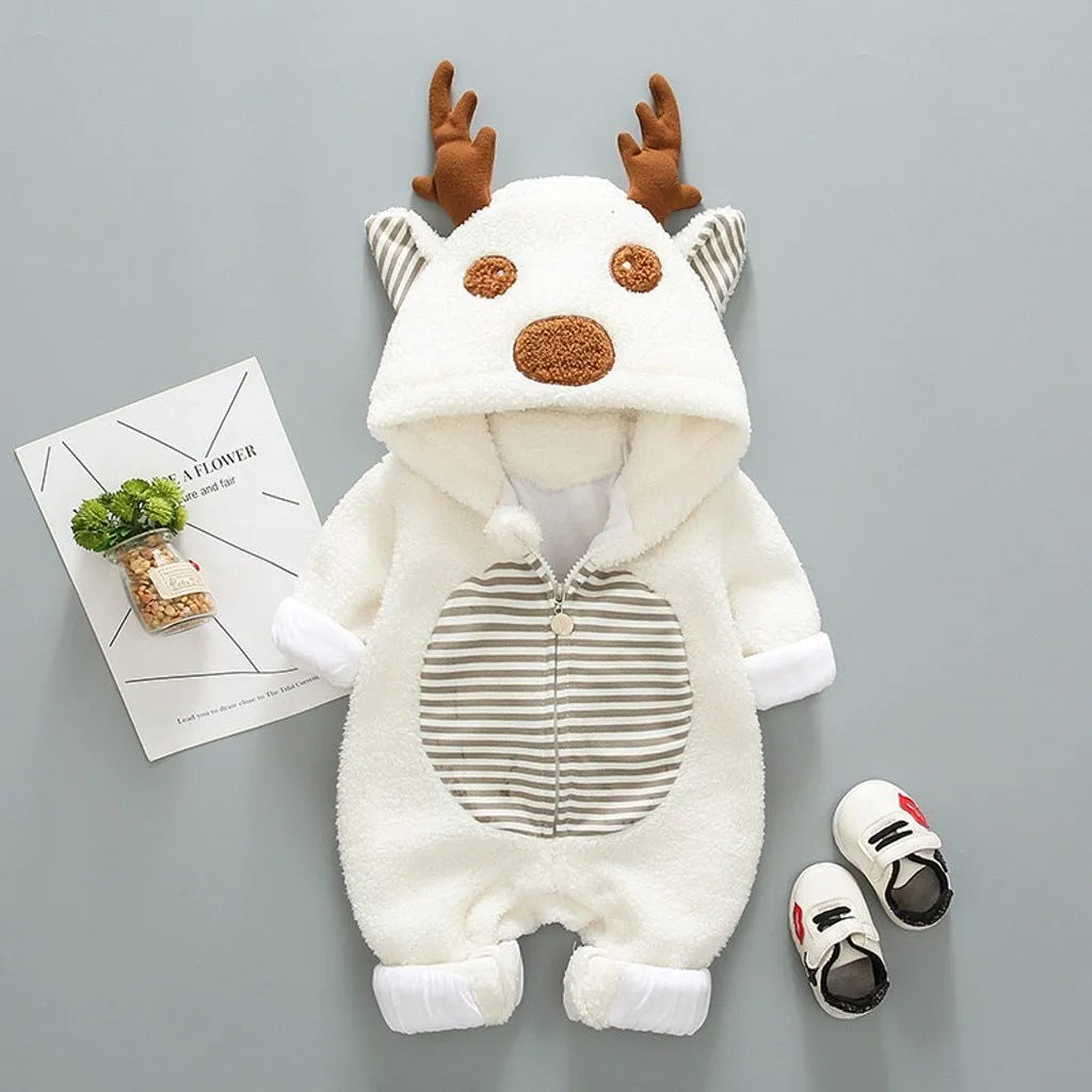 Long sleeve baby romper with lace-up strap closure in khaki, pink, and white colour options.
