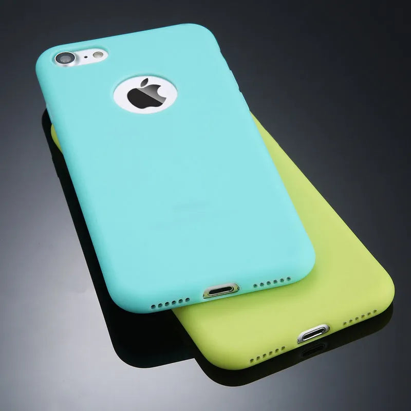 Soft silicone TPU iPhone case in candy colours like pink, blue and green, showing front and back views.