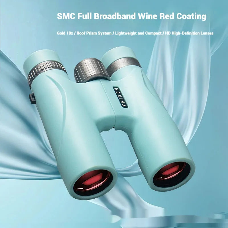 Blue 10x32 plastic binoculars with wine red film lenses showing 96m field of view specification.