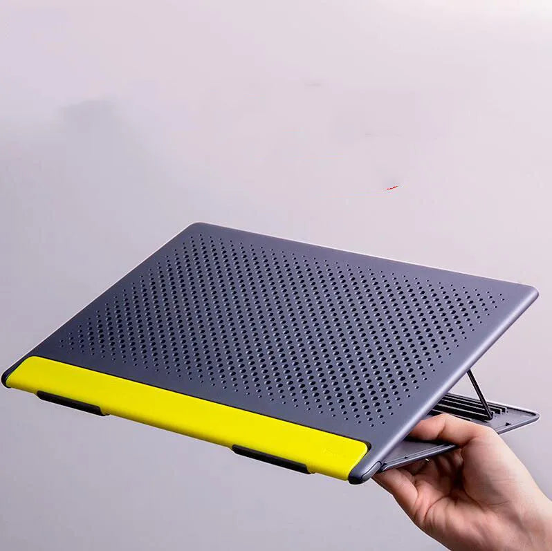 Black alloy portable notebook stand for laptops under 16 inches on a desk.