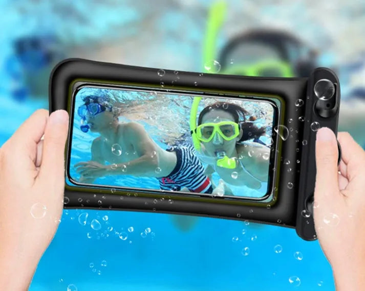 A coloured waterproof phone pouch with a neck rope, shown on a blue background.