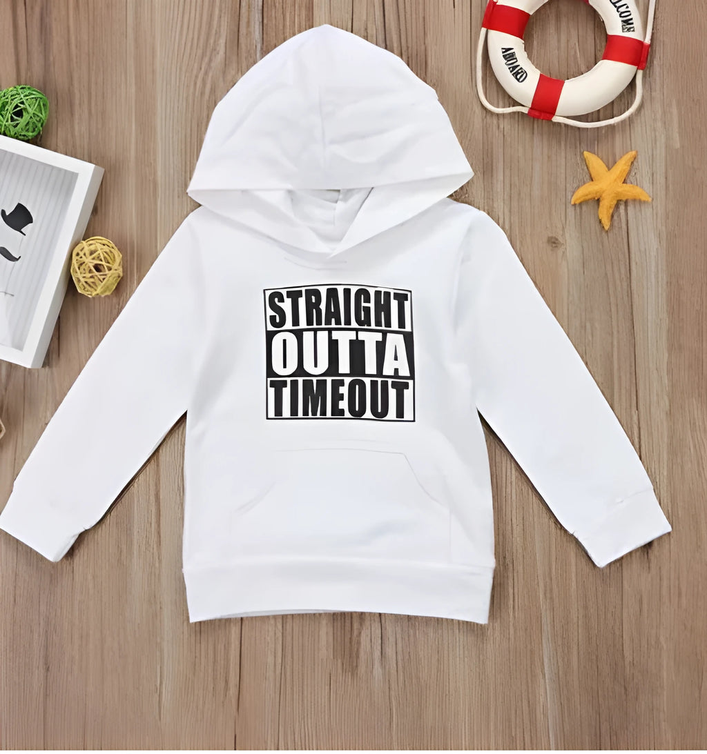 Black children's hooded sweater with white letter pattern, long sleeves, and a pullover neck.