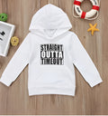 Black children's hooded sweater with white letter pattern, long sleeves, and a pullover neck.