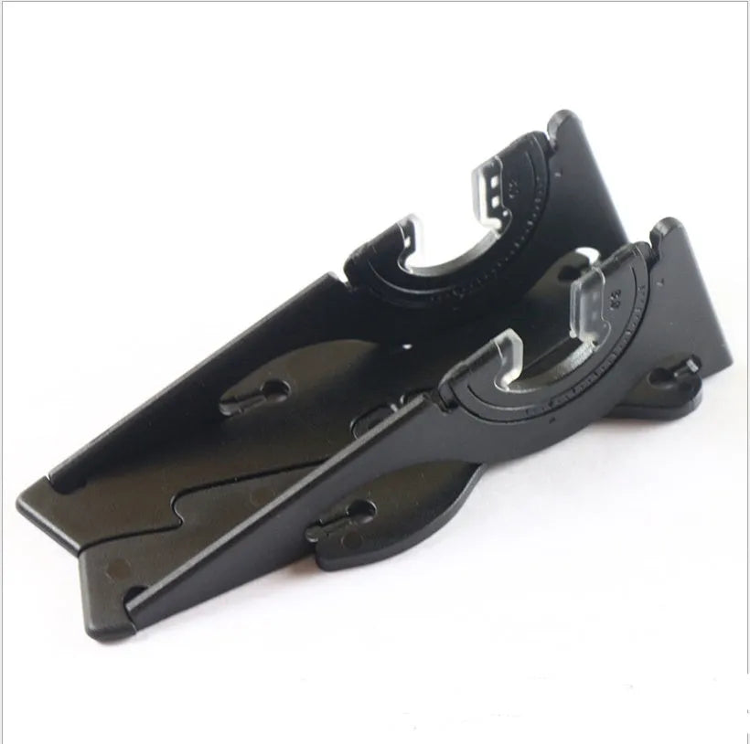 Flat, folded card mobile phone holder in six colour options: black, green, orange, purple, red, yellow.