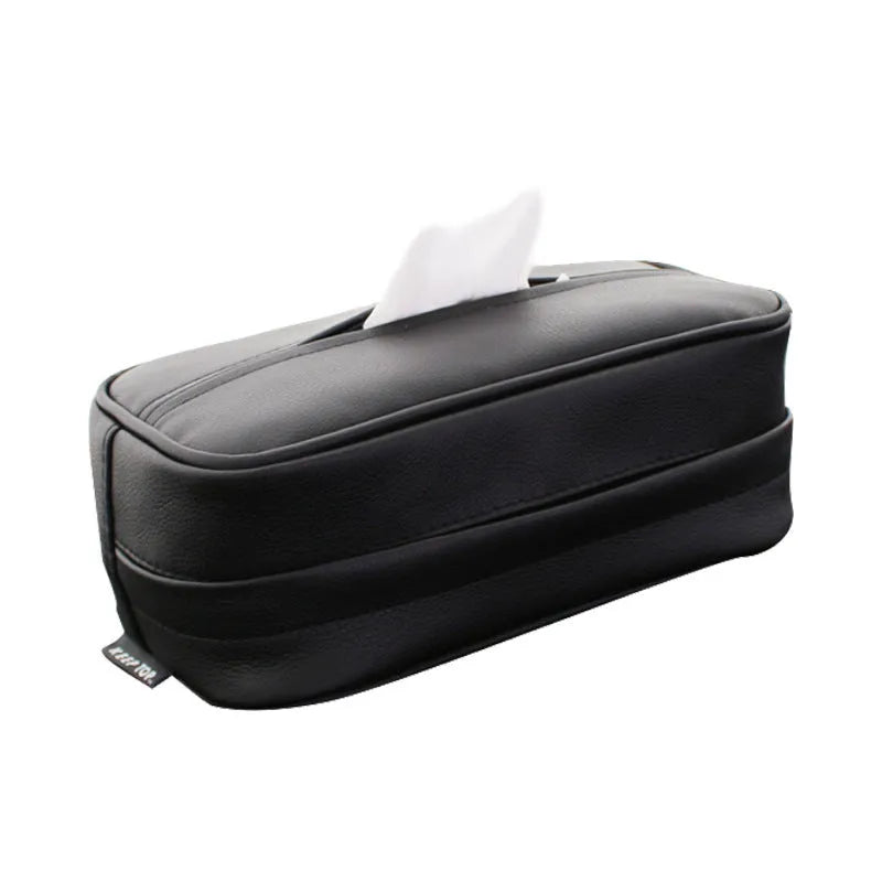 Beige PU leather car hanging organiser box with a loop, shown next to a black medium and black large size option.
