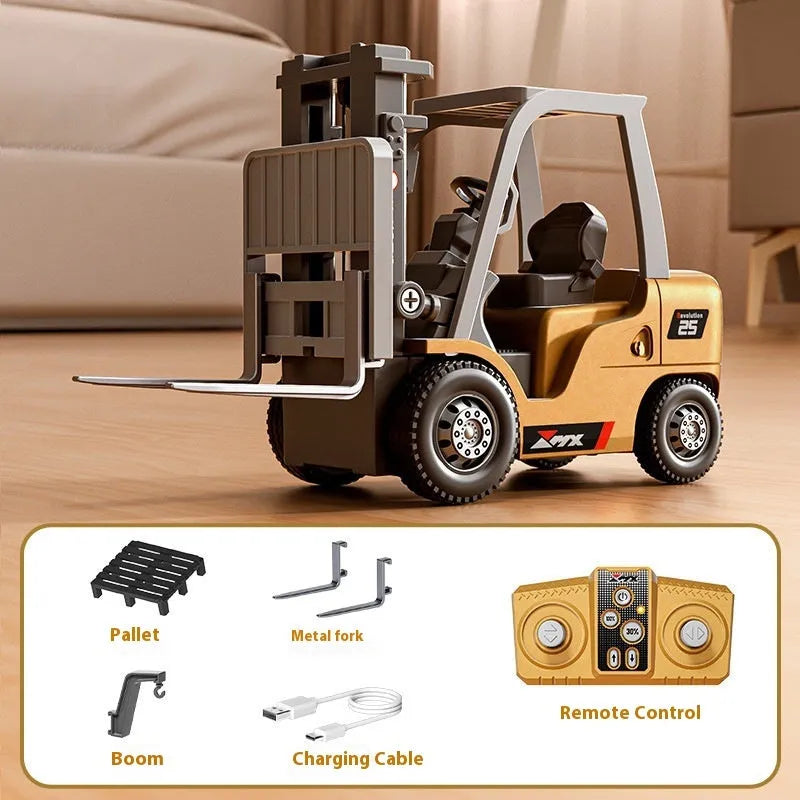 1:64 scale alloy remote control forklift with cargo hook, forks and pallet accessories