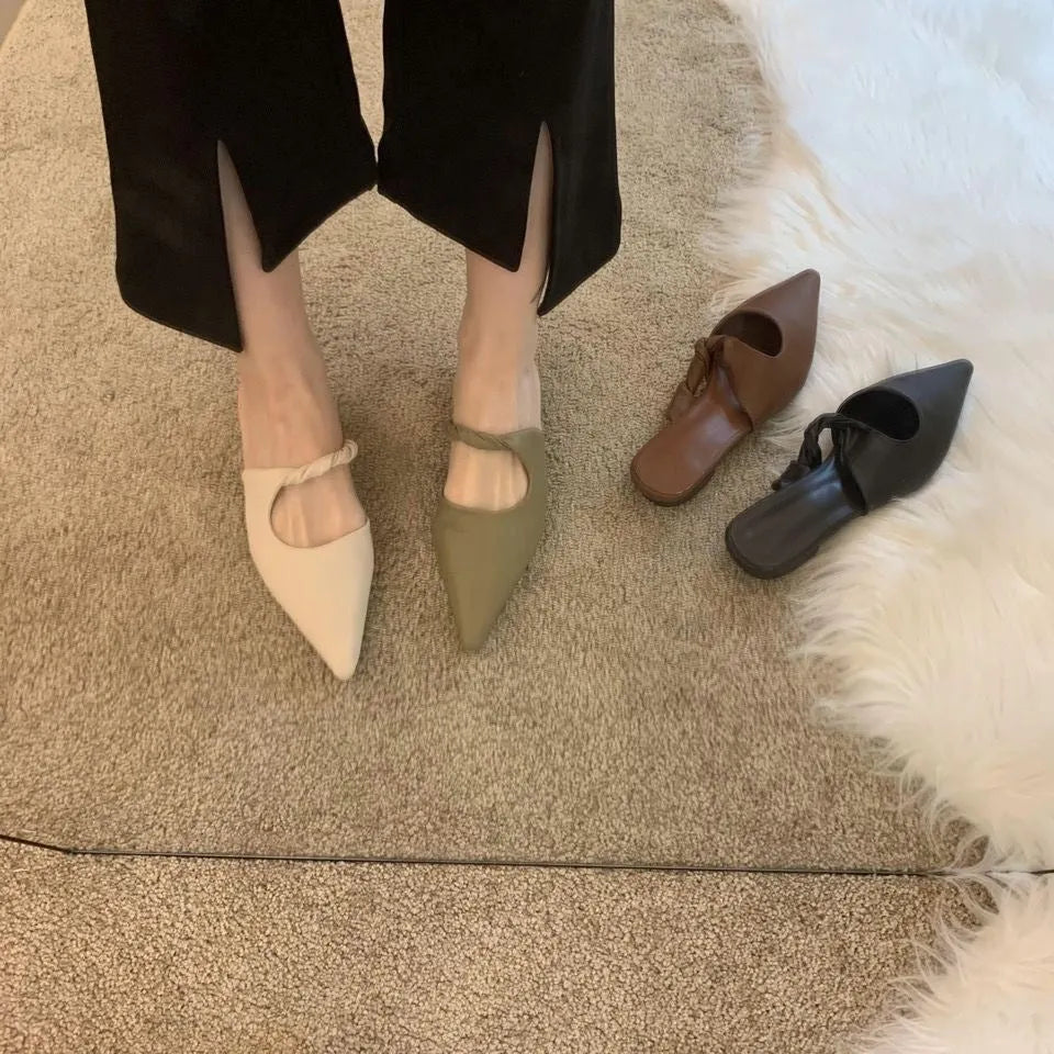 Women's leather slippers with semi-toe box design in four colour options