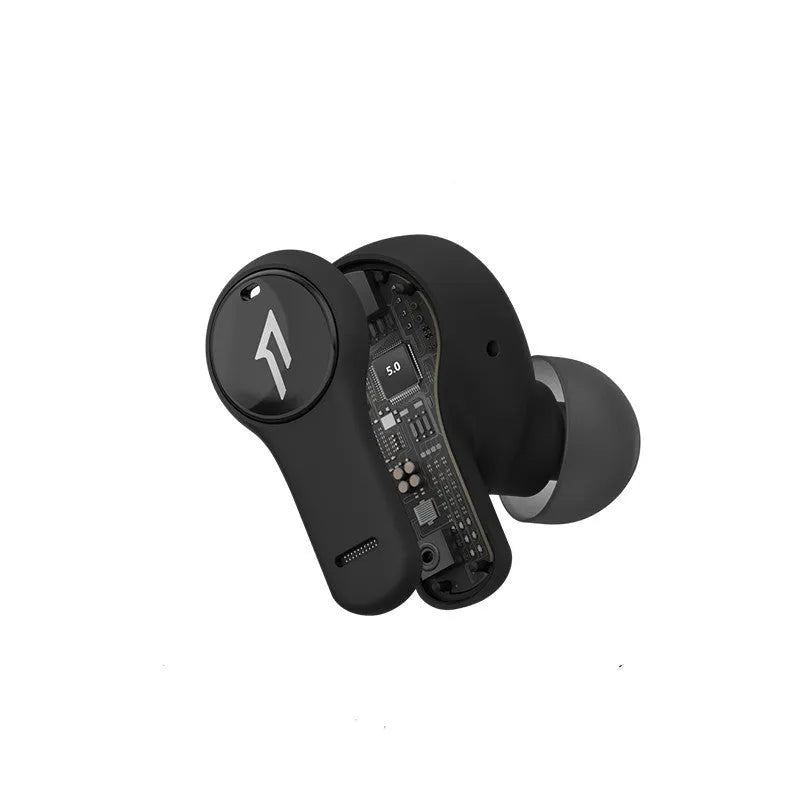 Pearl white and black true wireless Bluetooth sports headphones with in-ear design.