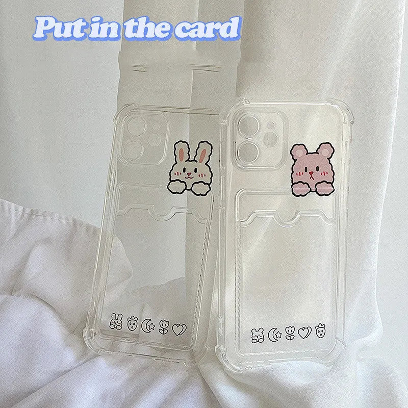 Cartoon design transparent iPhone case with card holder slots on the back.