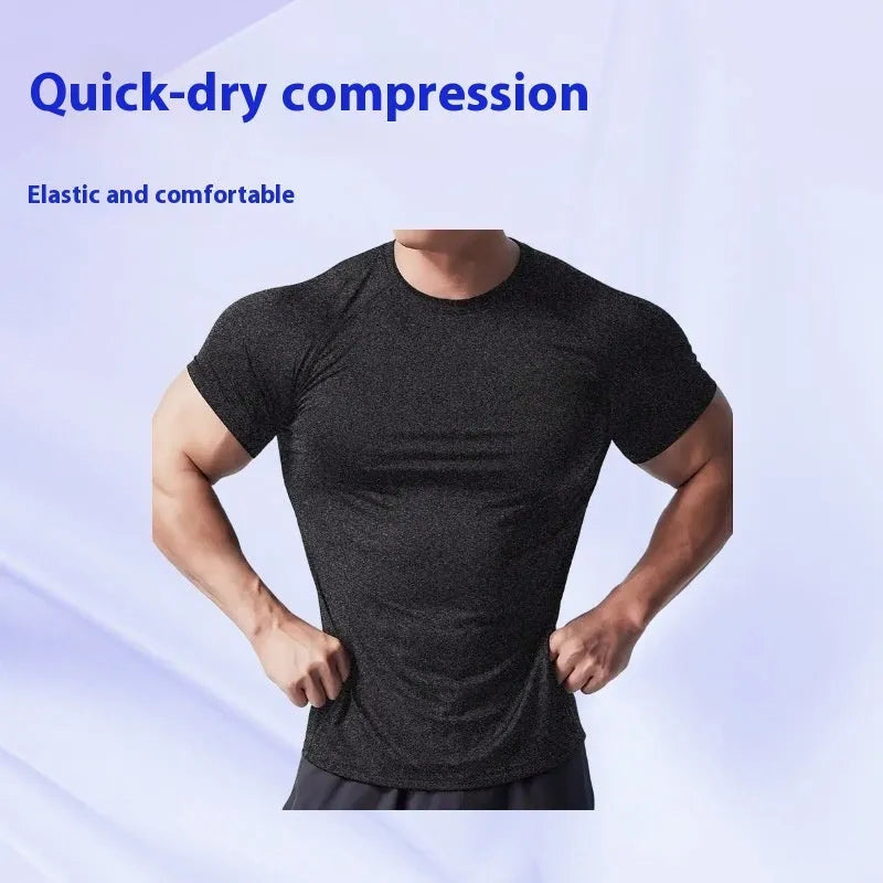 Men's round neck short sleeve t-shirt in black, gray, green, or pink, made from quick-dry stretch fabric.