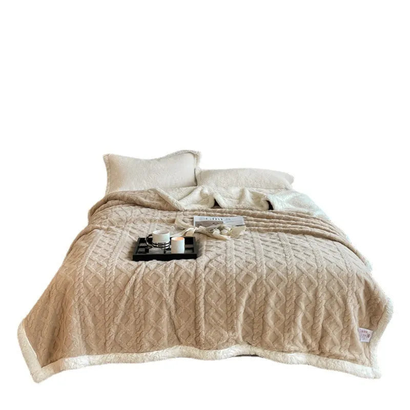 Winter thermal flannel blanket in tea green colour showing 180x200cm dimensions and taffeta texture