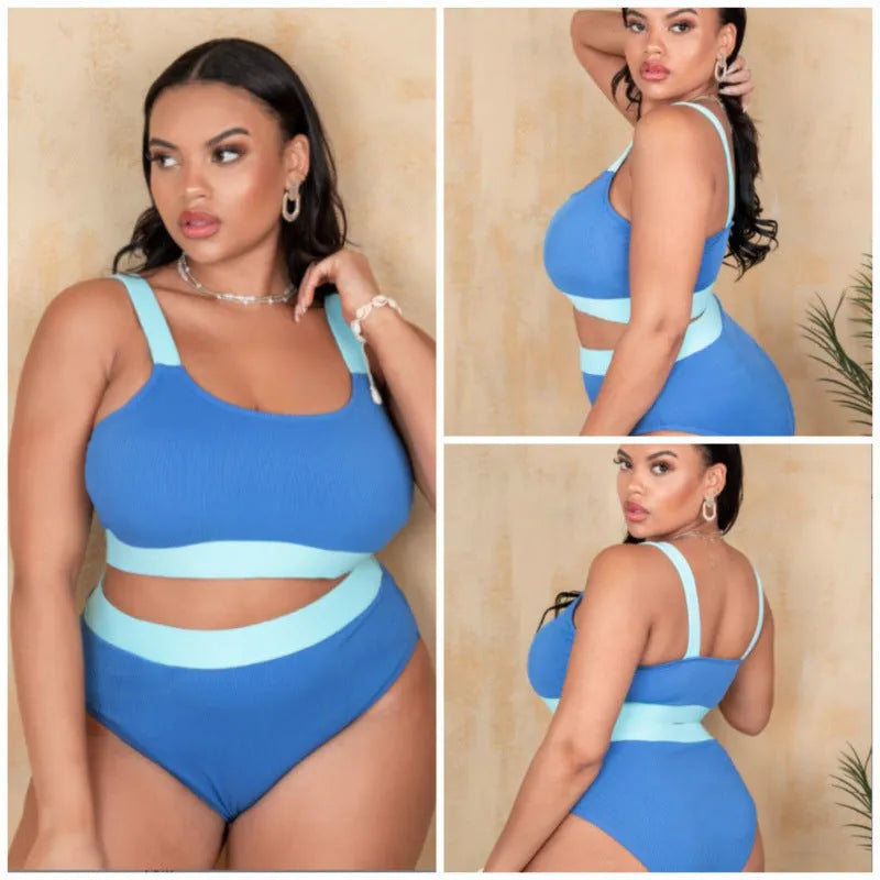 Women's polyester high-waist bikini swimsuit with split-leg briefs in solid colour