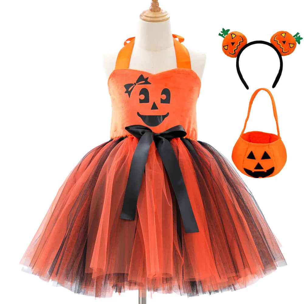 Girls Halloween pumpkin dress in orange yarn mesh, sling style, separate skirt or skirt suit, sizes XS to XXL