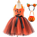 Girls Halloween pumpkin dress in orange yarn mesh, sling style, separate skirt or skirt suit, sizes XS to XXL