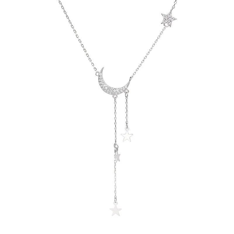 Tassel star moon necklace with copper cross chain, mixed gem inlay, drop pendant, silver white or yellow gold