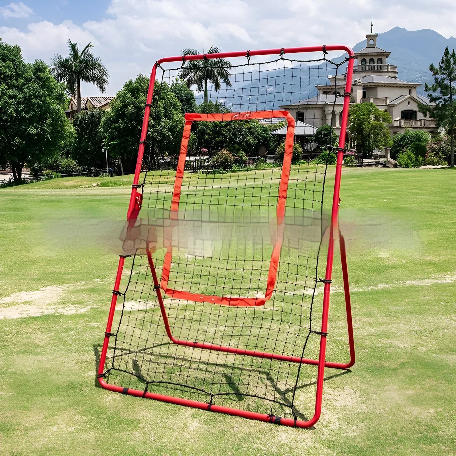 Red portable baseball training net with metal frame showing 4x6ft dimensions for outdoor sports practice