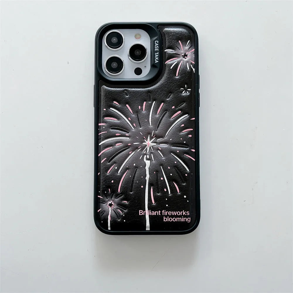 Leather embossed TPU phone case with colourful fireworks design for iPhone