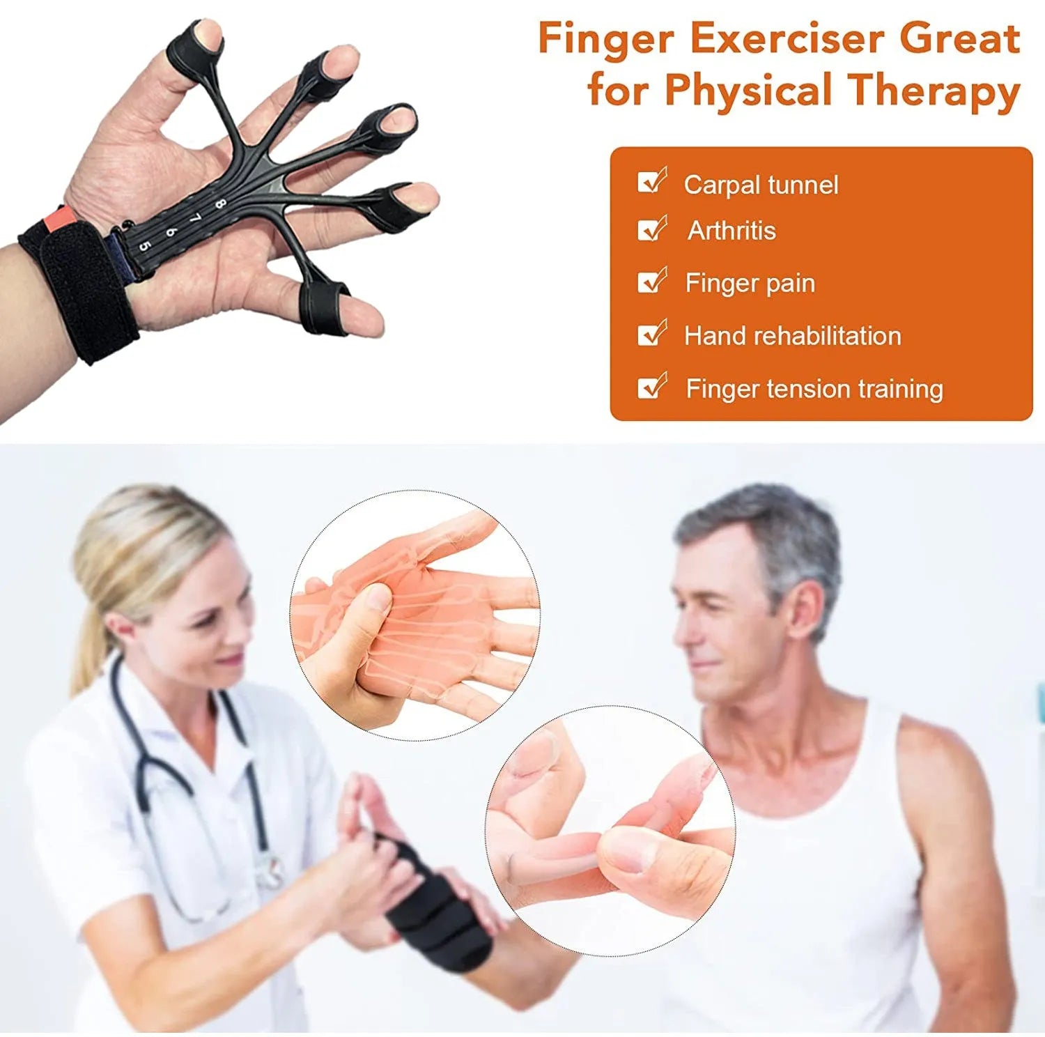HLX silicone finger rehabilitation trainer with adjustable tension belt, shown in grey colour.