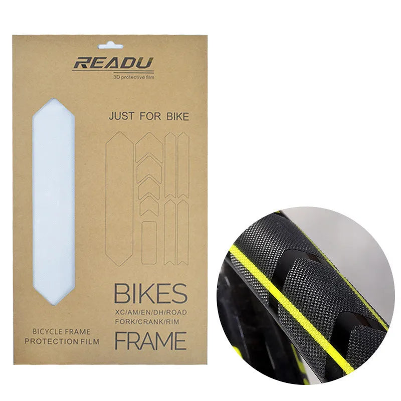 Mountain bike frame protective film in seven colour options including transparent textures and solid designs