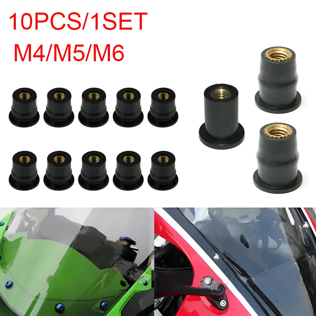 Black motorcycle well nut fasteners with brass threads in M4, M5, and M6 sizes for panel mounting.