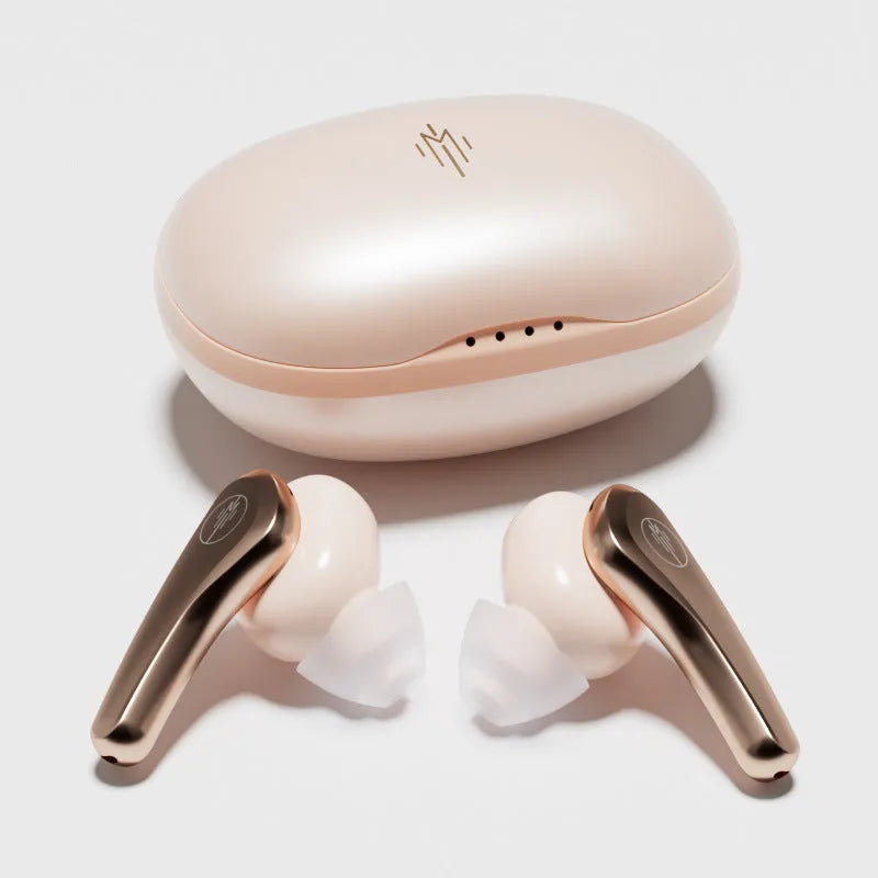 Wireless in-ear Bluetooth 5.3 headset in white, pink, purple, or black with charging compartment and data cable