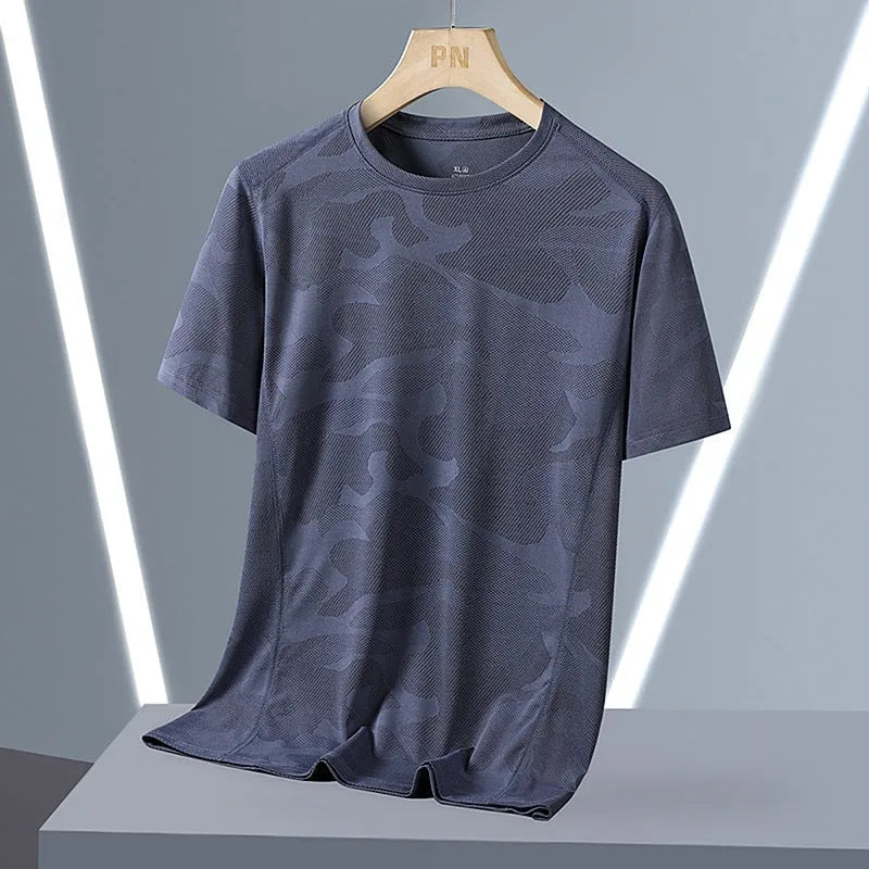 Men's plus size camouflage pattern nylon summer t-shirt with short sleeves and round neck
