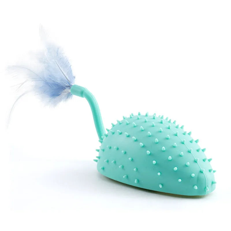 Remote control smart charging silicone mouse cat toy with feather attachment in cyan, orange and yellow colours