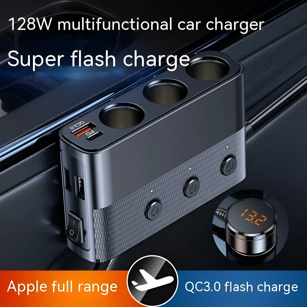Black vehicle cigarette lighter charger with multiple USB ports and 1 metre cable for car charging