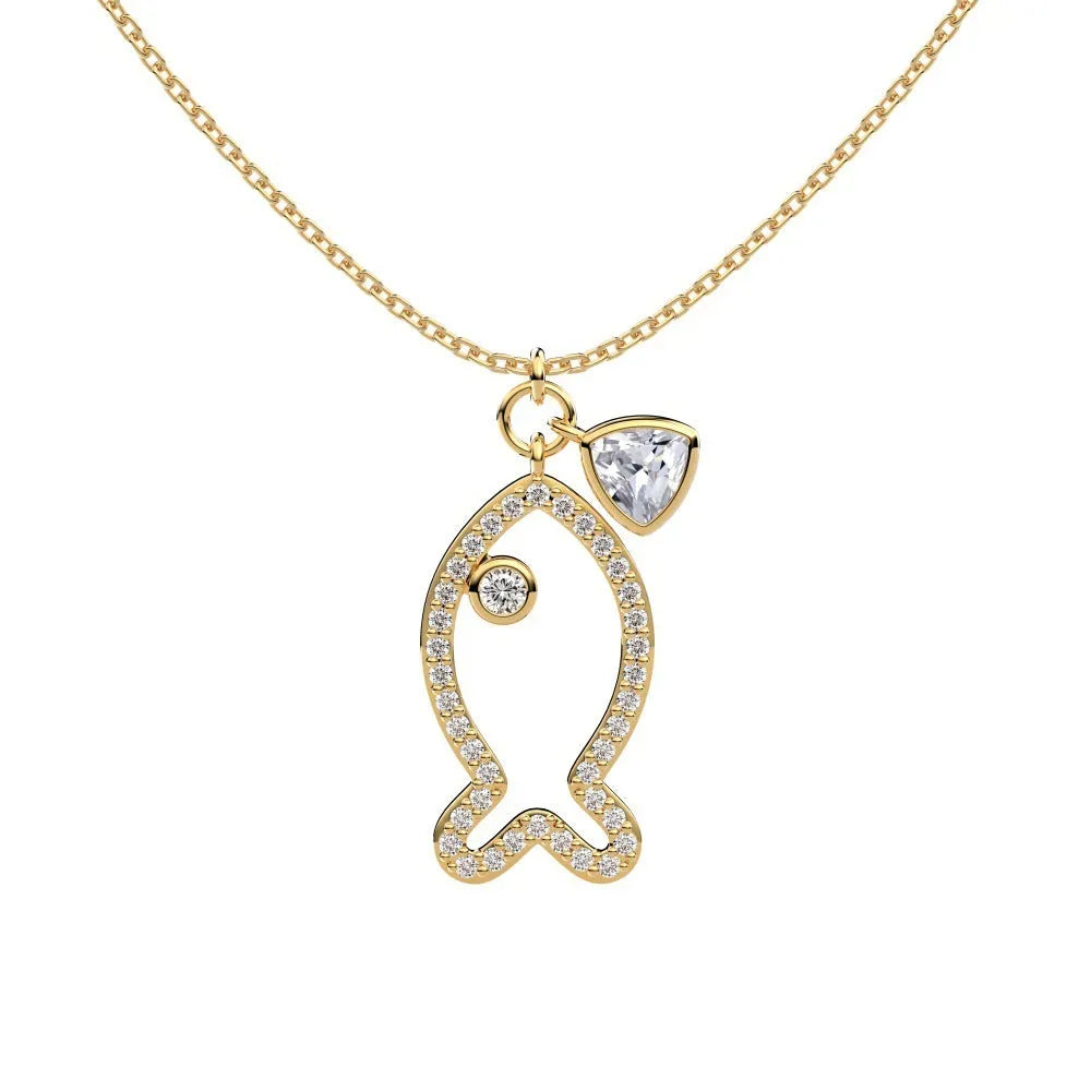 S925 sterling silver clavicle necklace with hollow fish pendant, zircon detail, and koi motif in gold or platinum.
