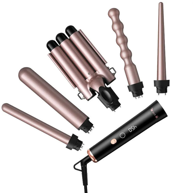 Rose gold five-in-one hair curler with LCD screen and tube replacement technology.
