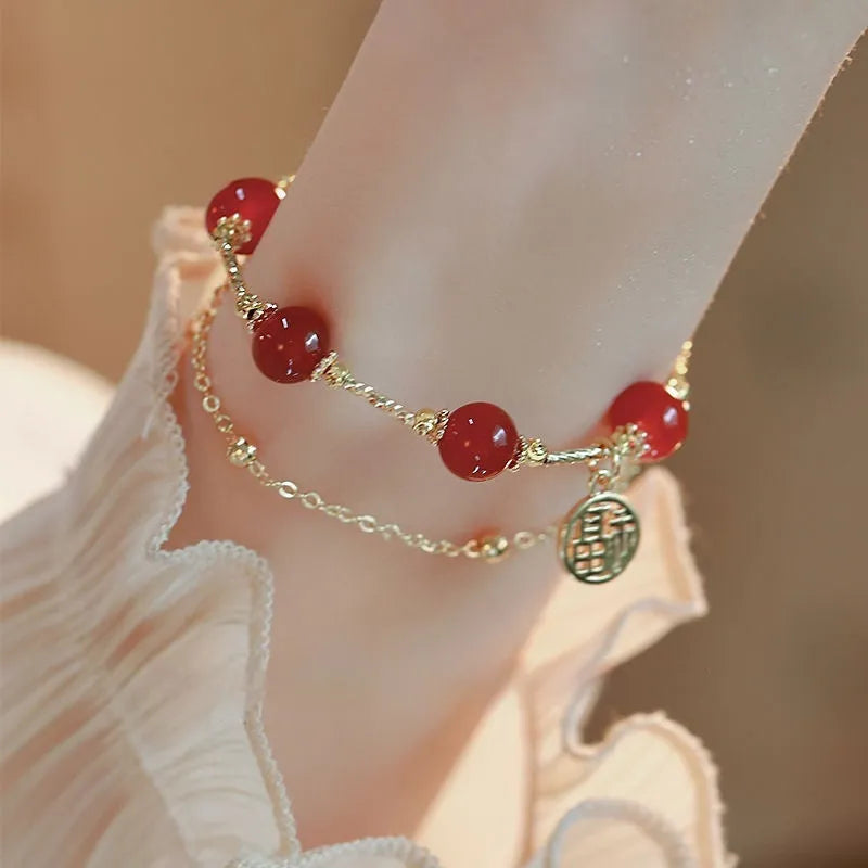 Red agate and alloy double-layer bracelet with animal modelling and square pattern design in gift box