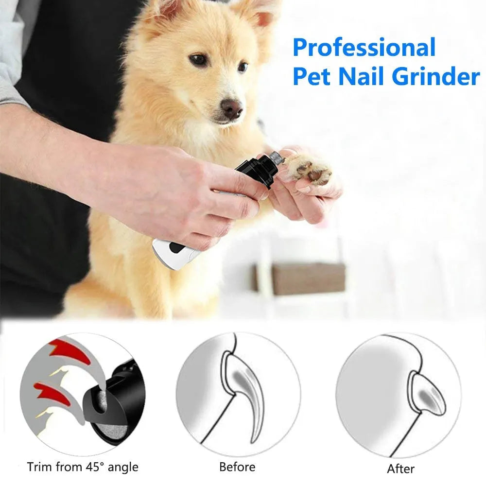 Electric dog nail trimmer device with LED display showing speed settings and automatic piercing function.