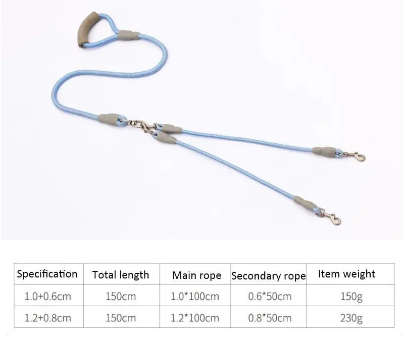 Double dog leash for two dogs with nylon rope and soft foam handle in blue colour