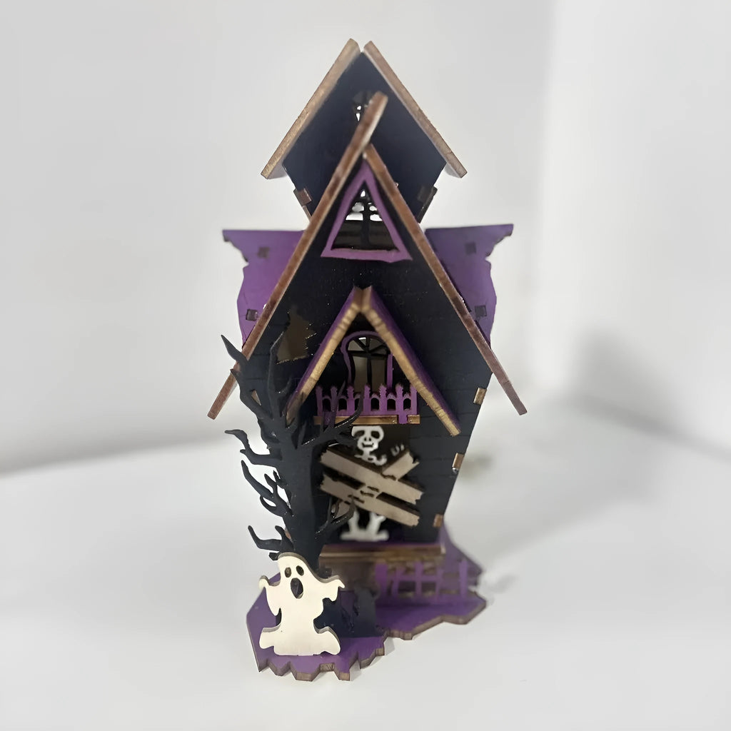 Wooden Halloween haunted house table decoration with candlestick design